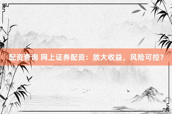 配资查询 网上证券配资：放大收益，风险可控？